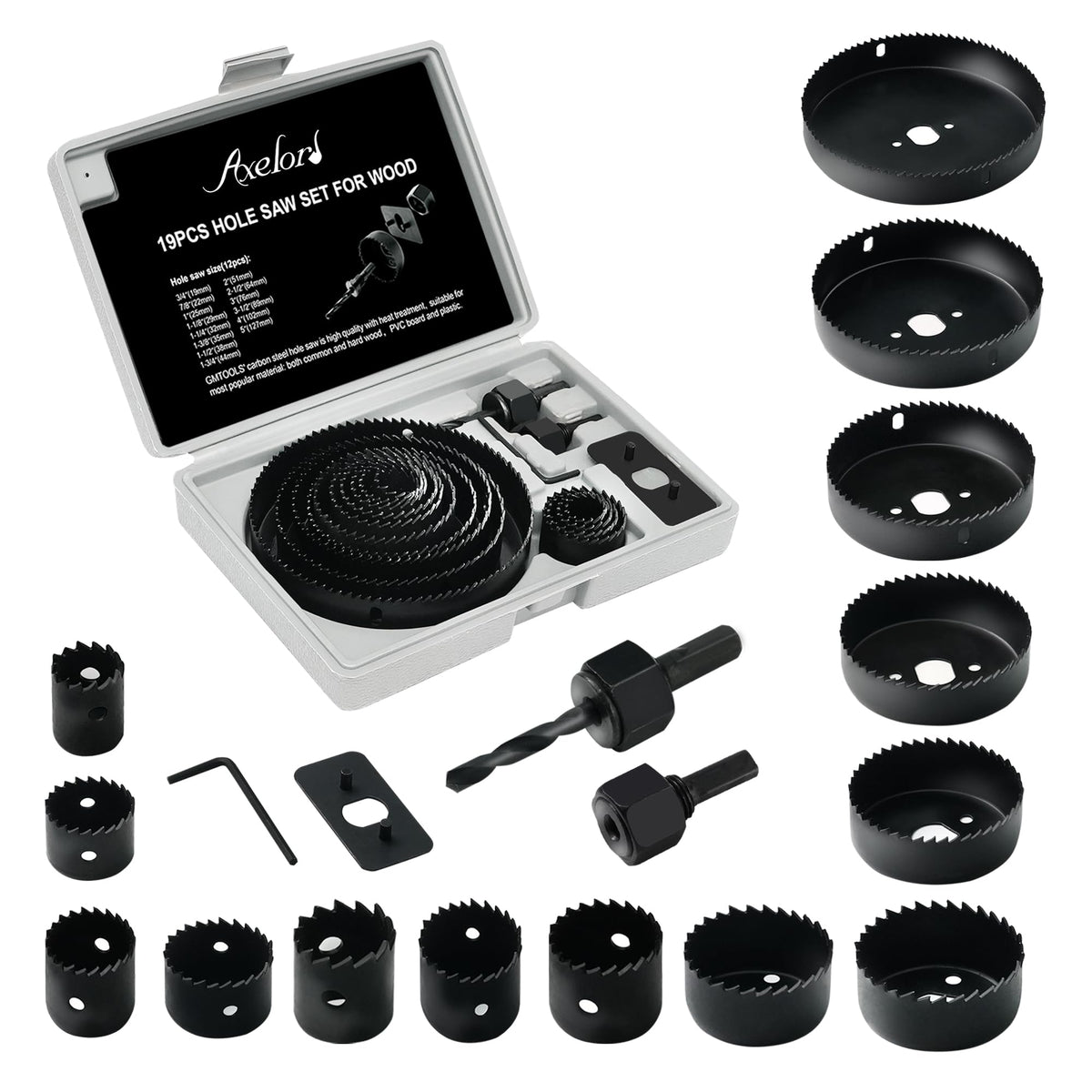 Axelord hole saw set storage case for quick access and organization.