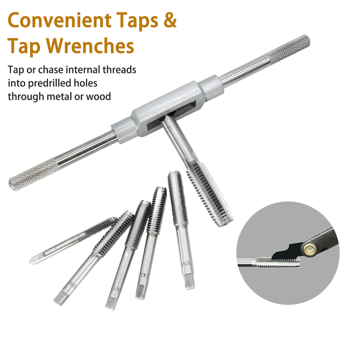 Axelord tap wrench and die stock enabling comfortable, accurate threading in tight spaces.