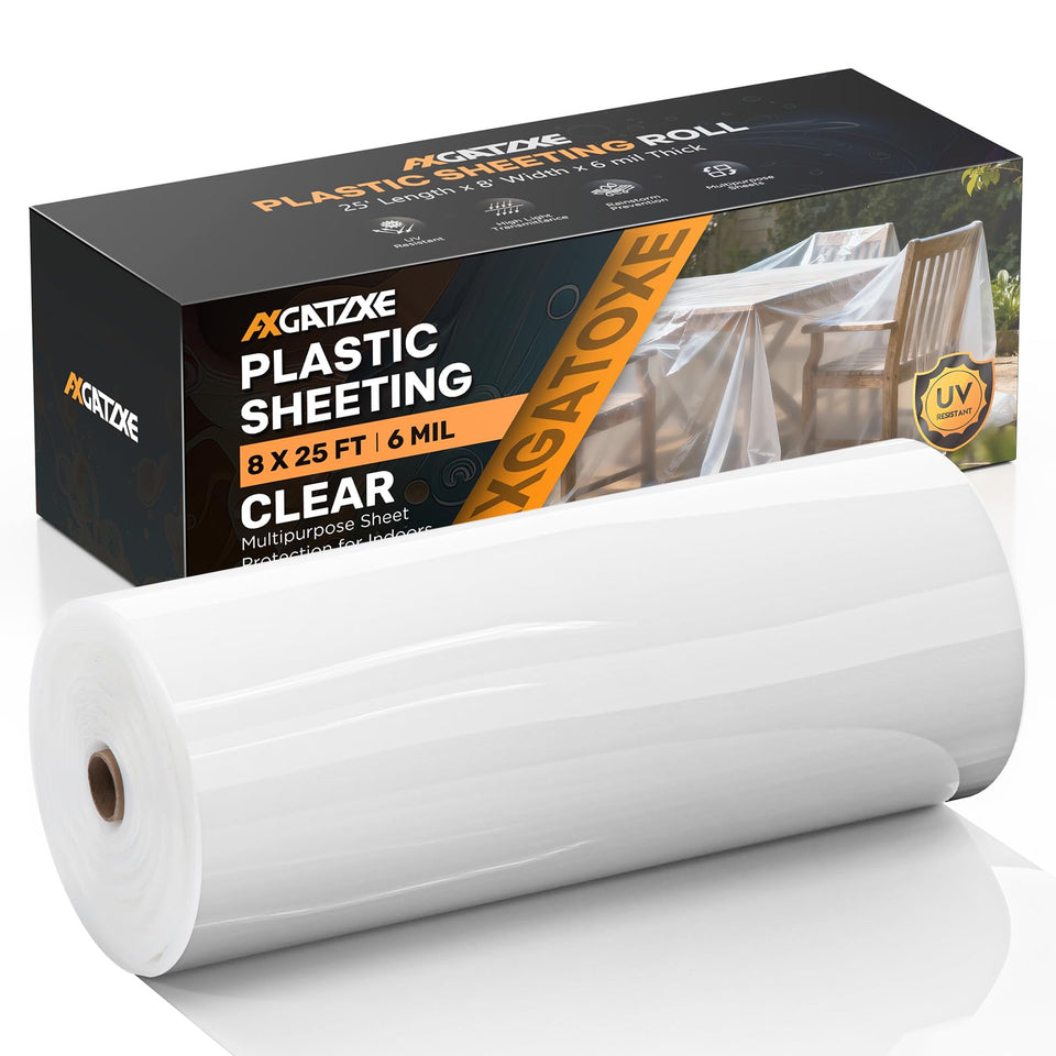 Axgatoxe 6mil heavy-duty plastic sheeting used as floor protection during painting projects.
