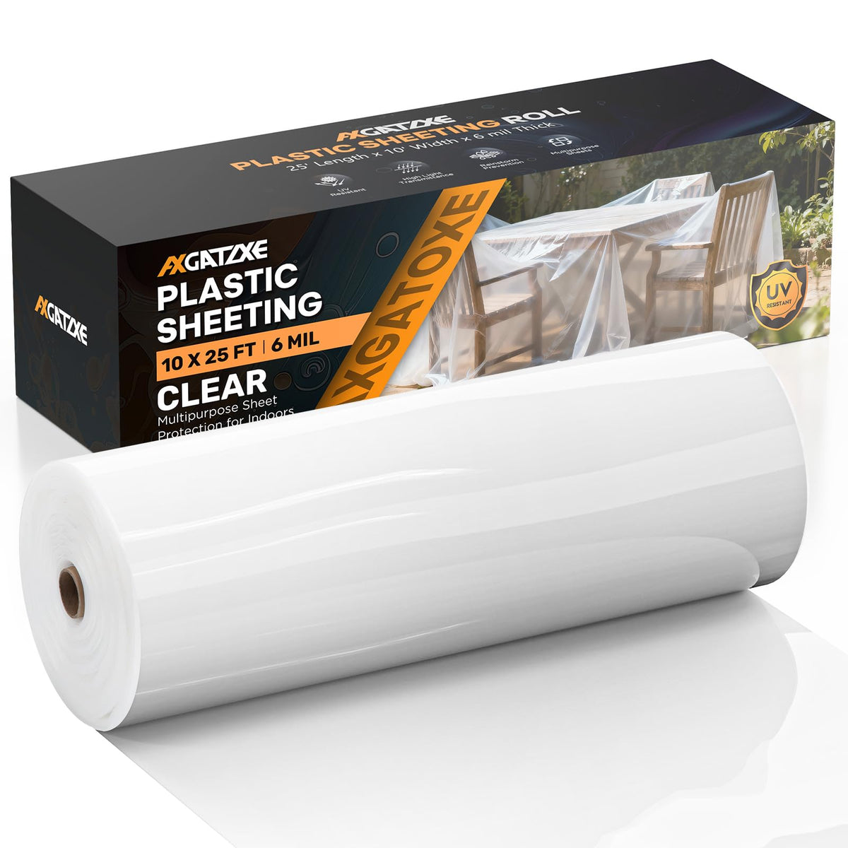 Axgatoxe 6 mil heavy-duty plastic sheeting protects floors during painting.