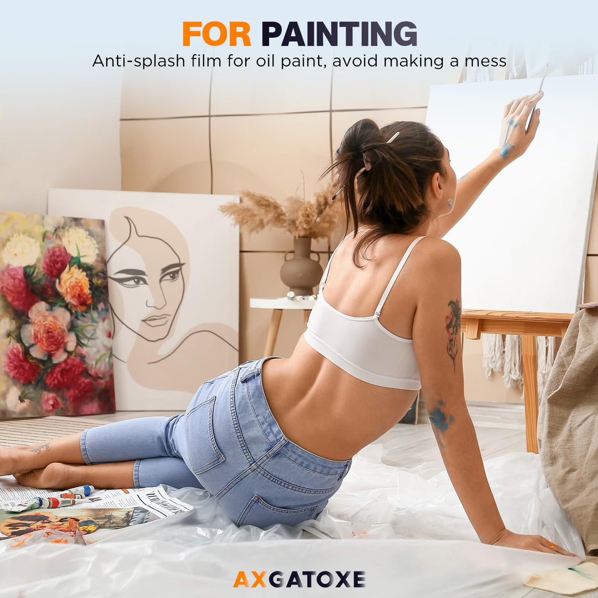 Axgatoxe drop cloth disposable sheet for easy cleanup after painting.