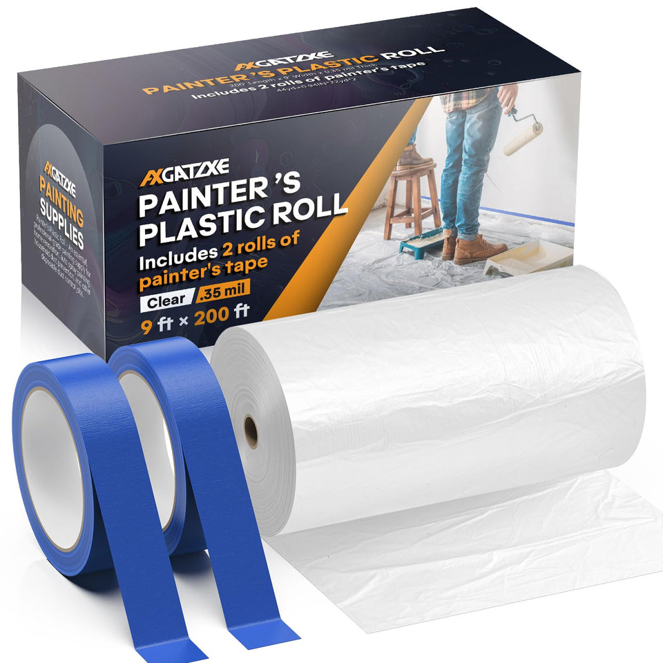 Axgatoxe plastic drop cloth protects floors and furniture from paint splatters.