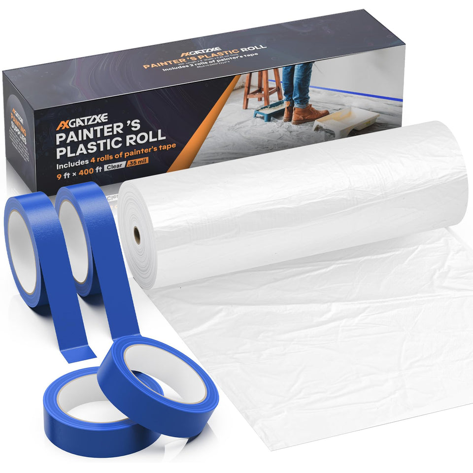 Axgatoxe plastic drop cloth 400ft coverage protects floors from paint splatters.