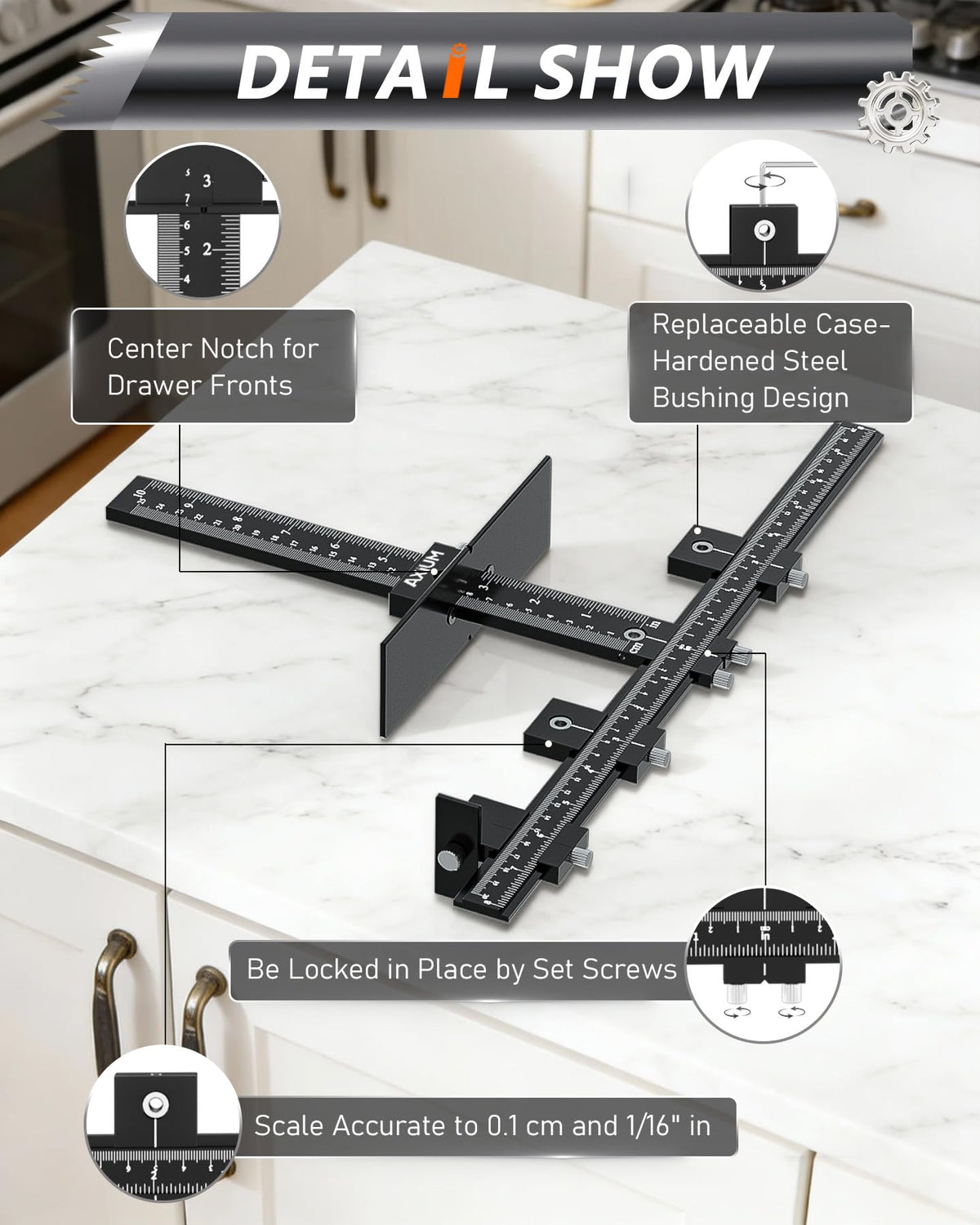 AXIUM aluminum construction highlights the durable cabinet jig.