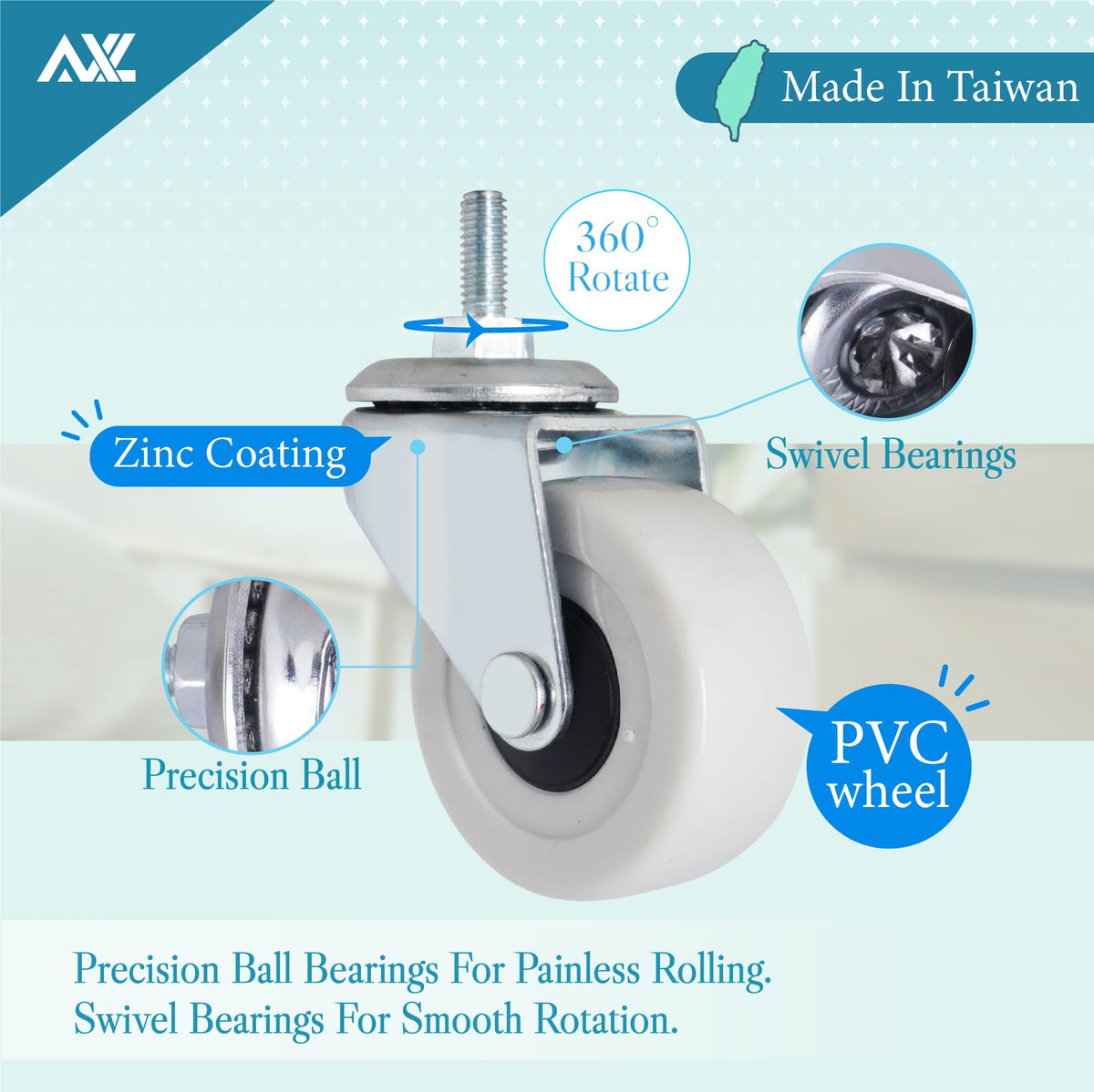 AXL swivel casters enable easy turning for carts and shelves