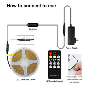 AXMOTUT COB LED strip with RF remote for easy dimming and mode change.