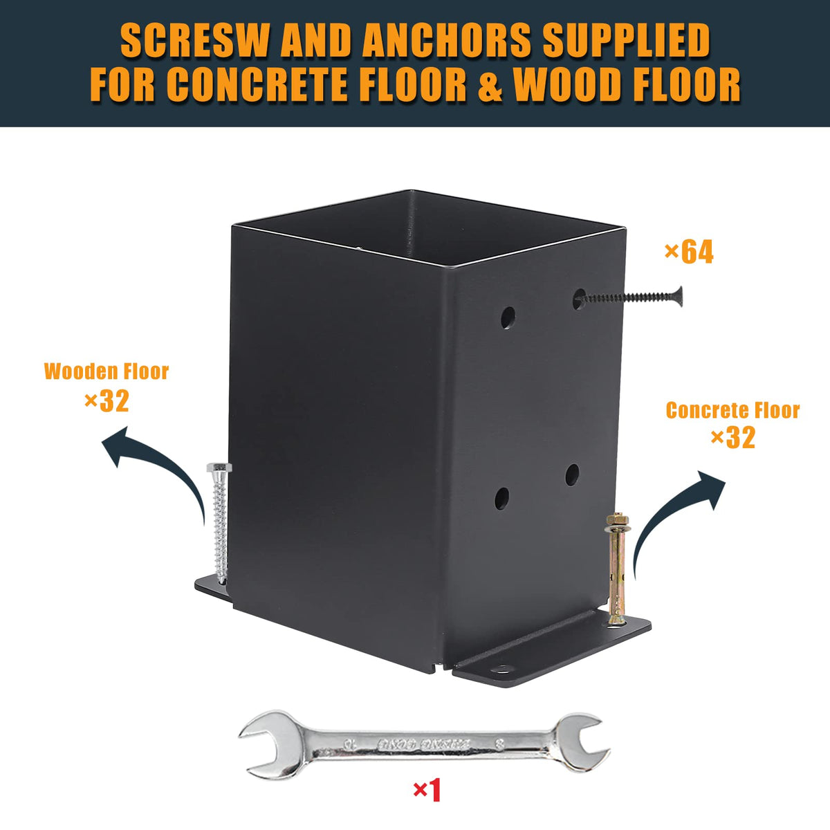 AXWHYS installation-ready post base shown with concrete and wood mounting options
