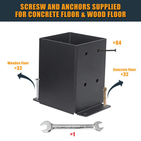 AXWHYS installation-ready post base shown with concrete and wood mounting options