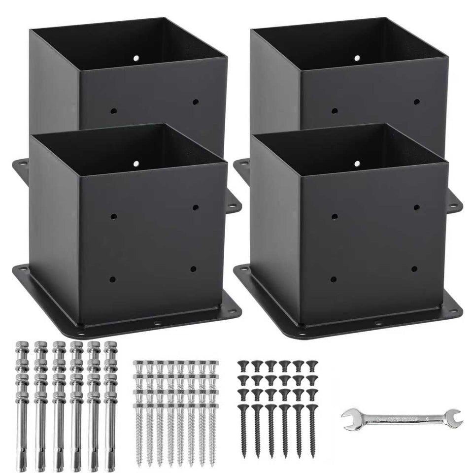 AXWHYS 6x6 post base assembly shows rugged steel construction for durable deck projects.