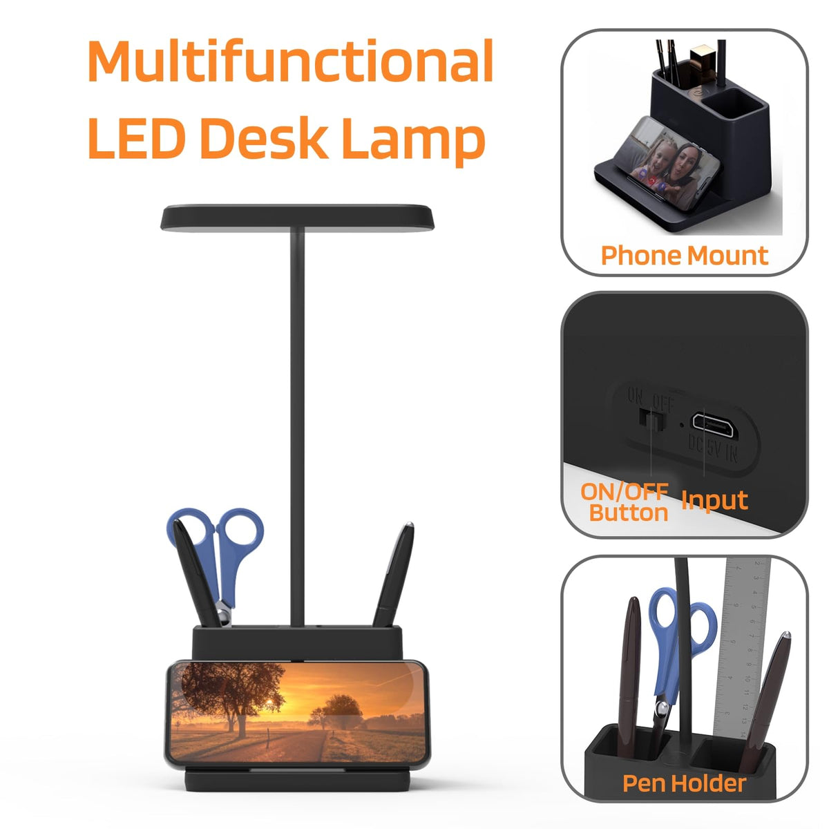 AXX Black LED desk lamp phone mount for easy device viewing