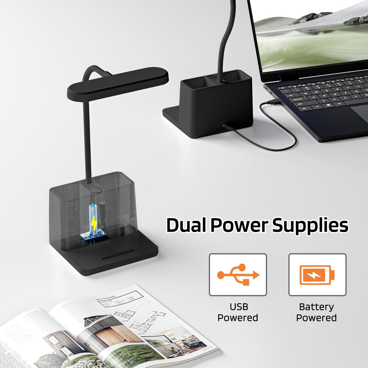 AXX Black LED desk lamp USB rechargeable and portable for desks and dorms