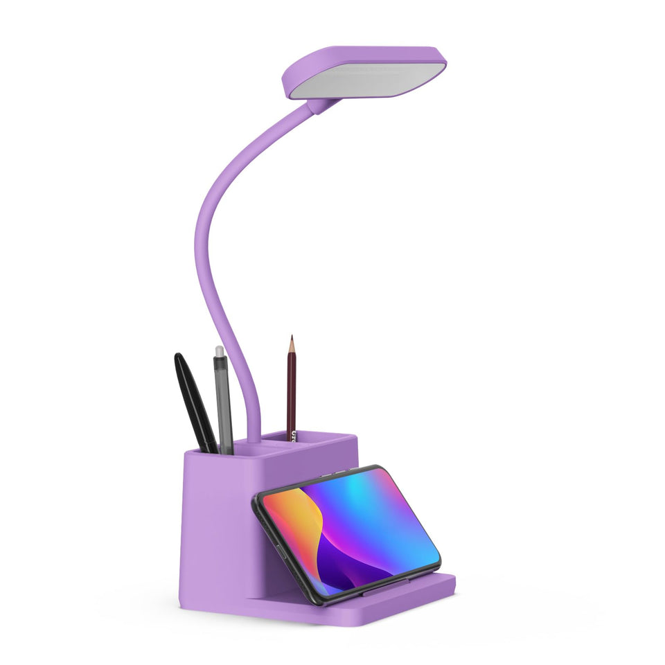 AXX Cute Purple Desk Lamp on a desk provides portable study lighting.