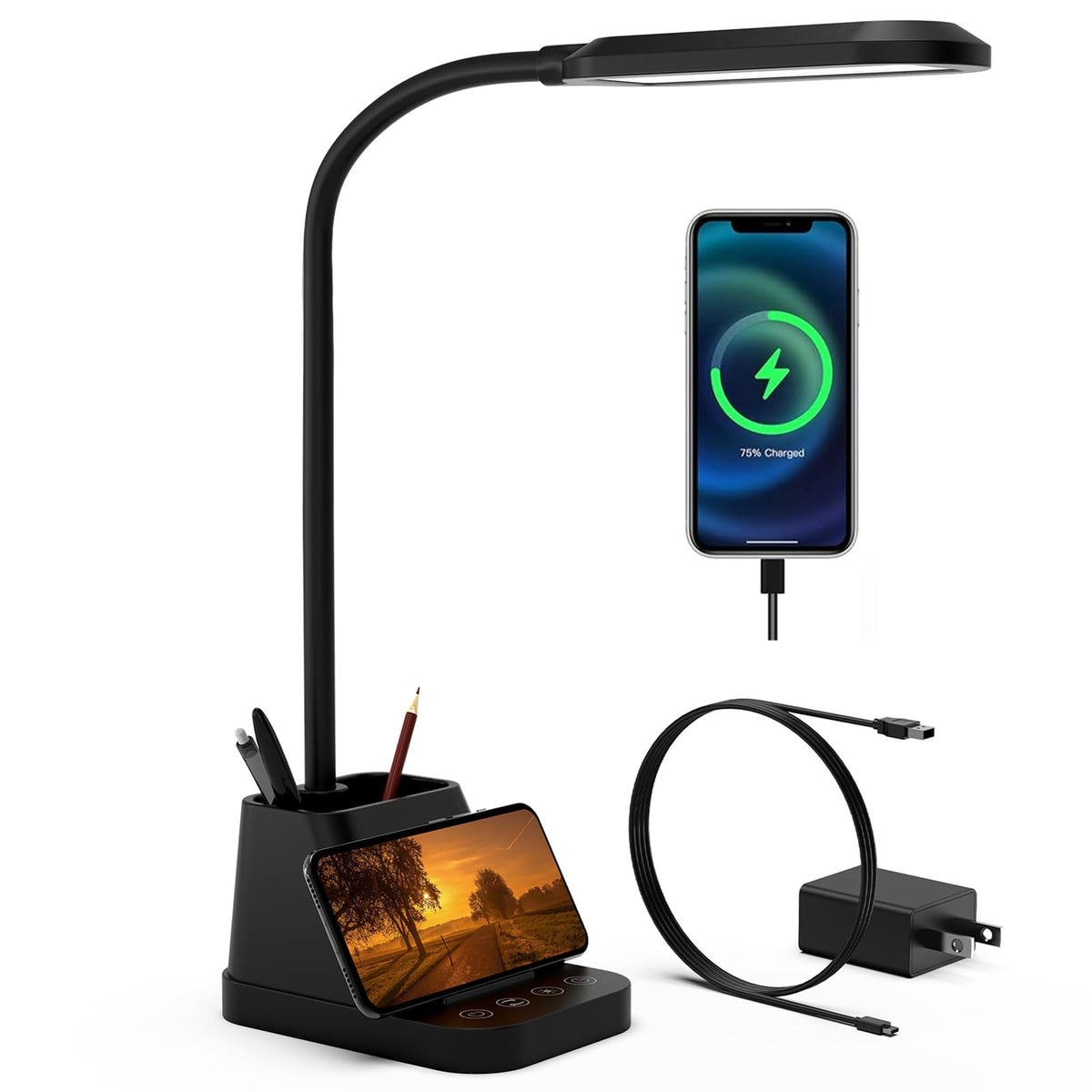 AXX LED desk lamp with USB charging port for convenient device power.