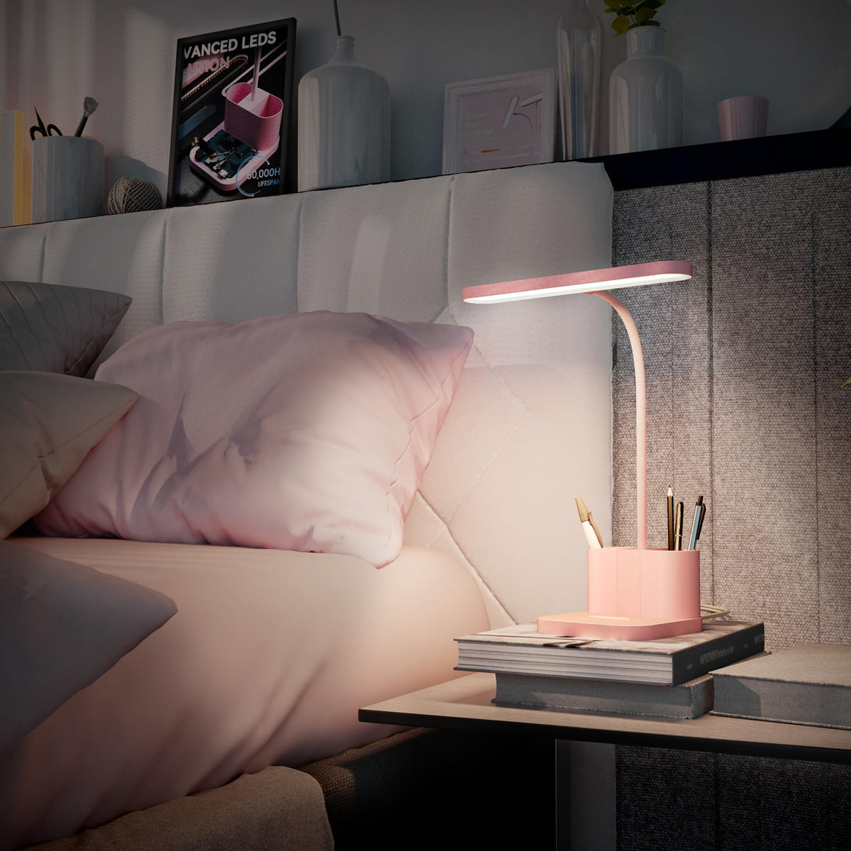 AXX pink desk lamp flexible gooseneck offers precise positioning for reading or video calls.