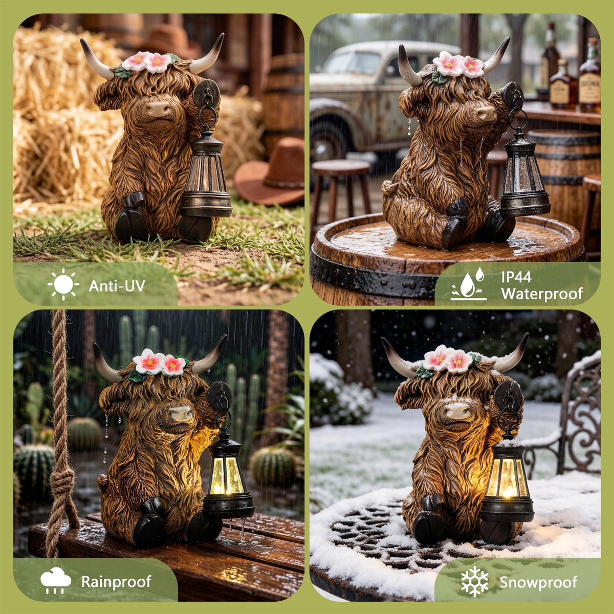 Ayadon Highland Cow with lantern belly provides inviting porch lighting.