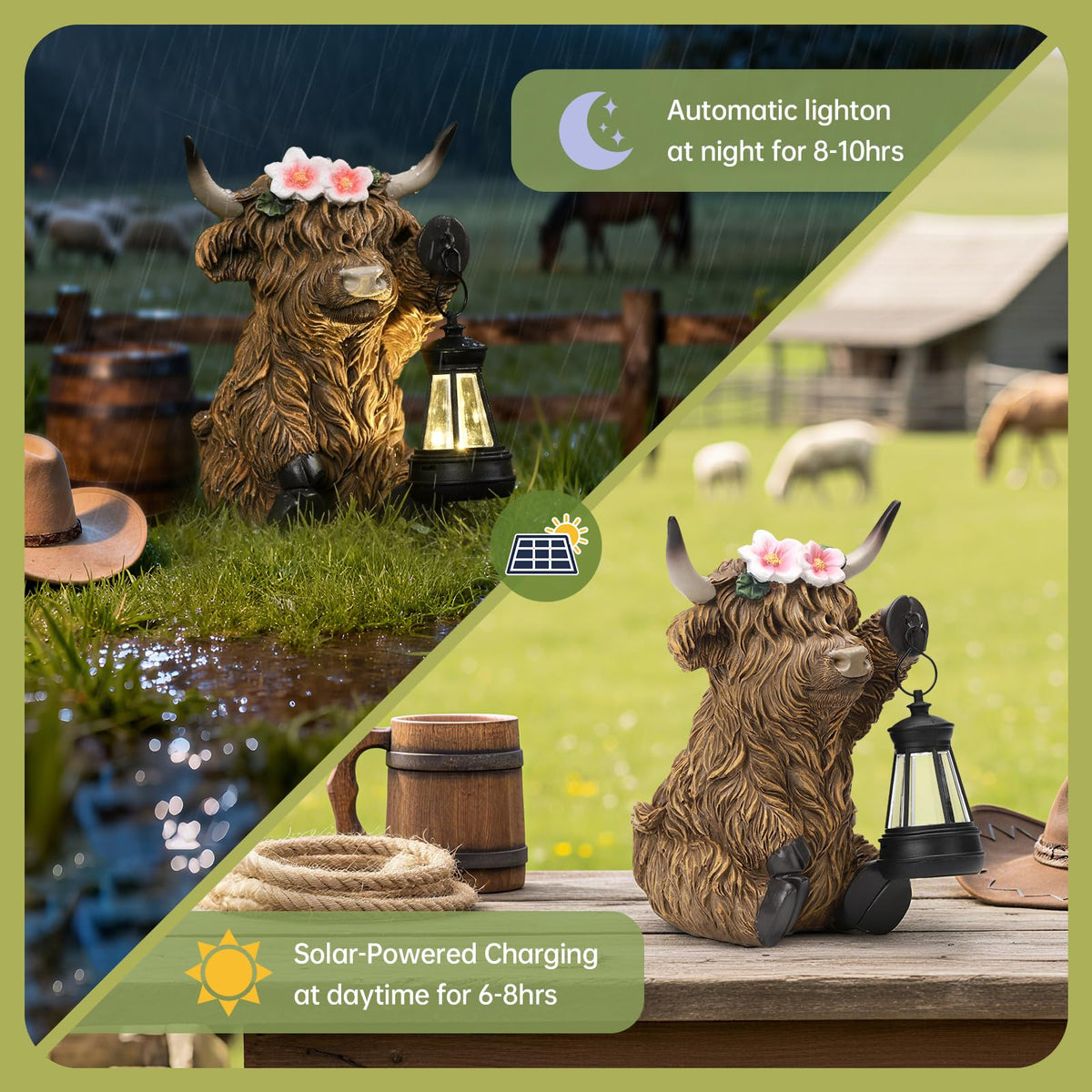 Ayadon Highland cow near tartan flag evokes heritage and warmth outdoors.