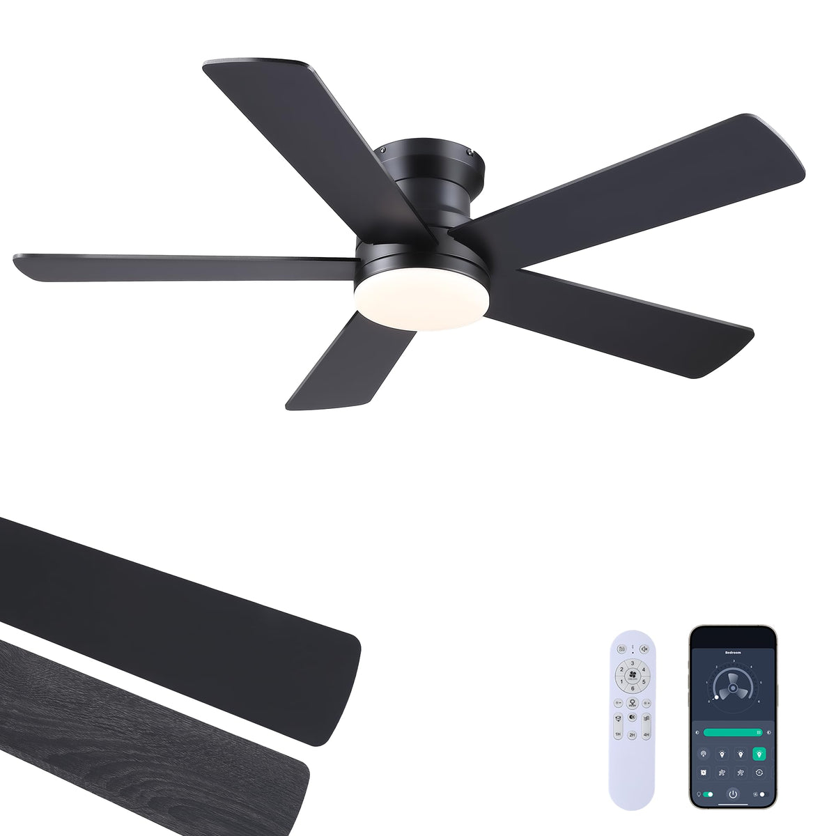Ayaoty 48in black flush-mount ceiling fan light for a modern bedroom setup with adjustable brightness