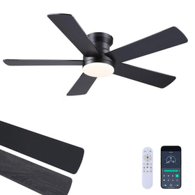 Ayaoty 48in black flush-mount ceiling fan light for a modern bedroom setup with adjustable brightness