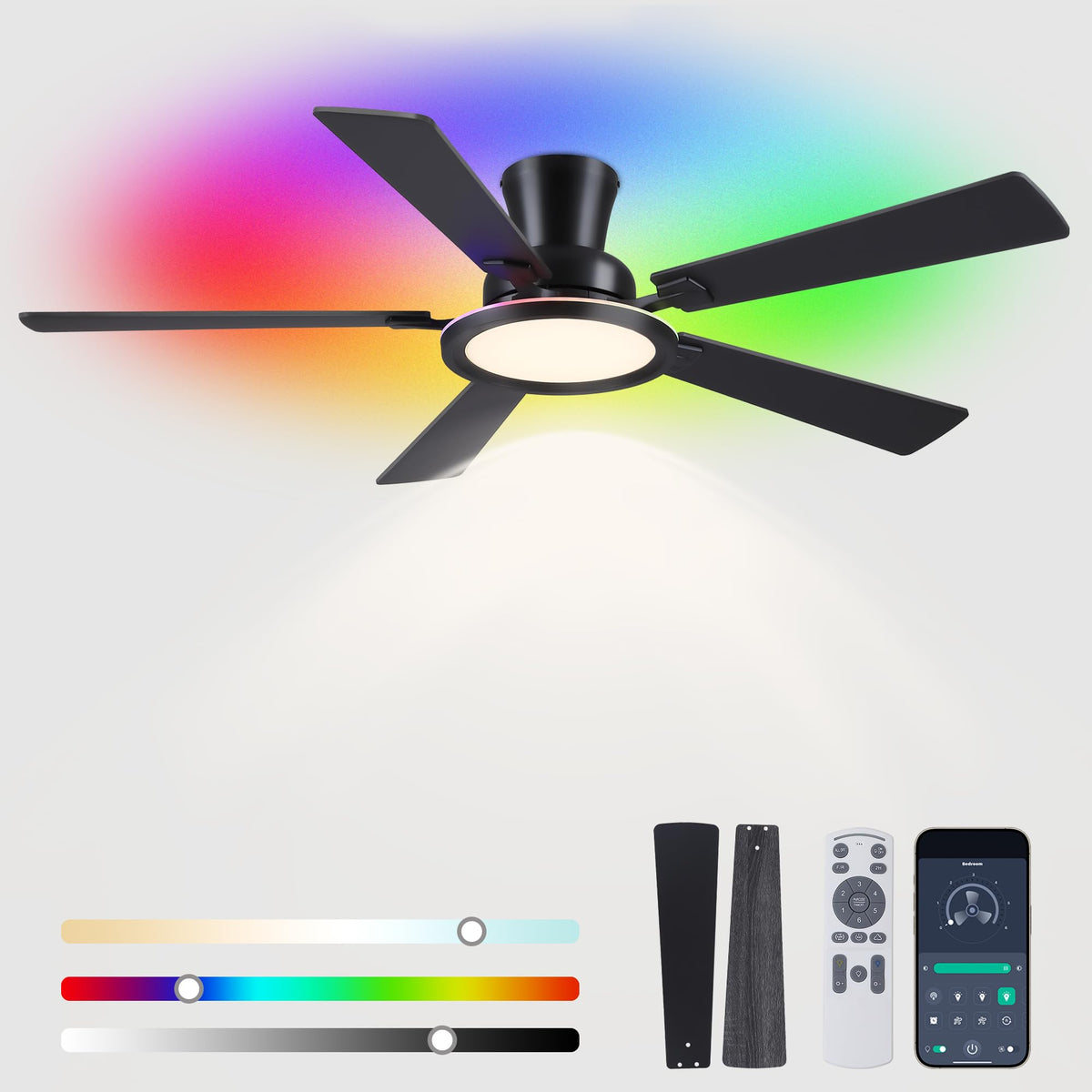 Ayaoty 52in ceiling fan with RGB light disk in a modern living space.