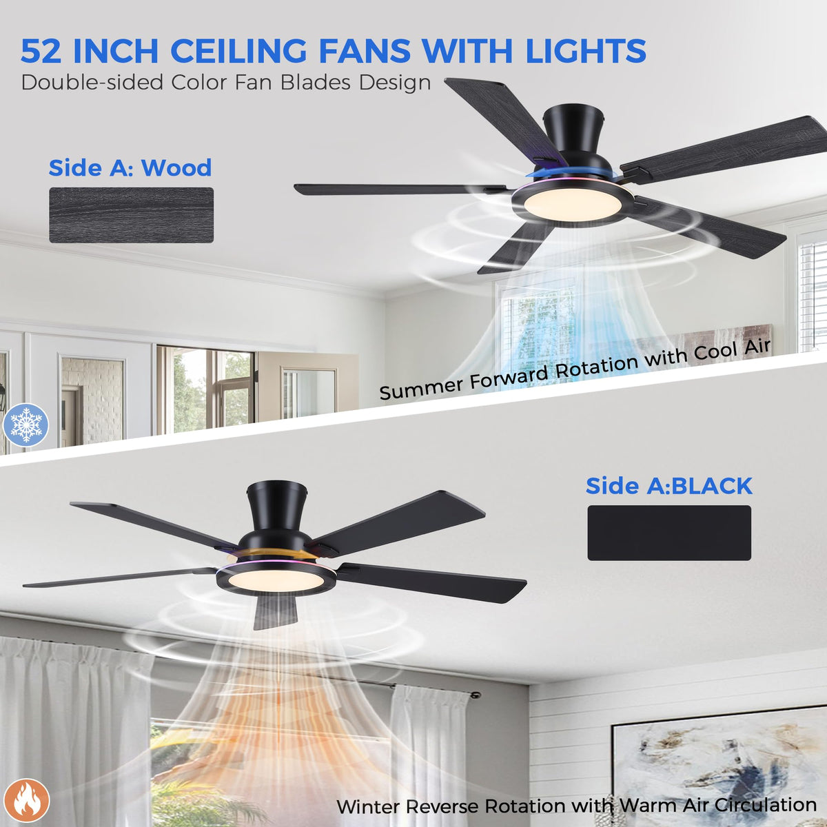 Ayaoty ceiling fan reverses for seasonal air distribution.