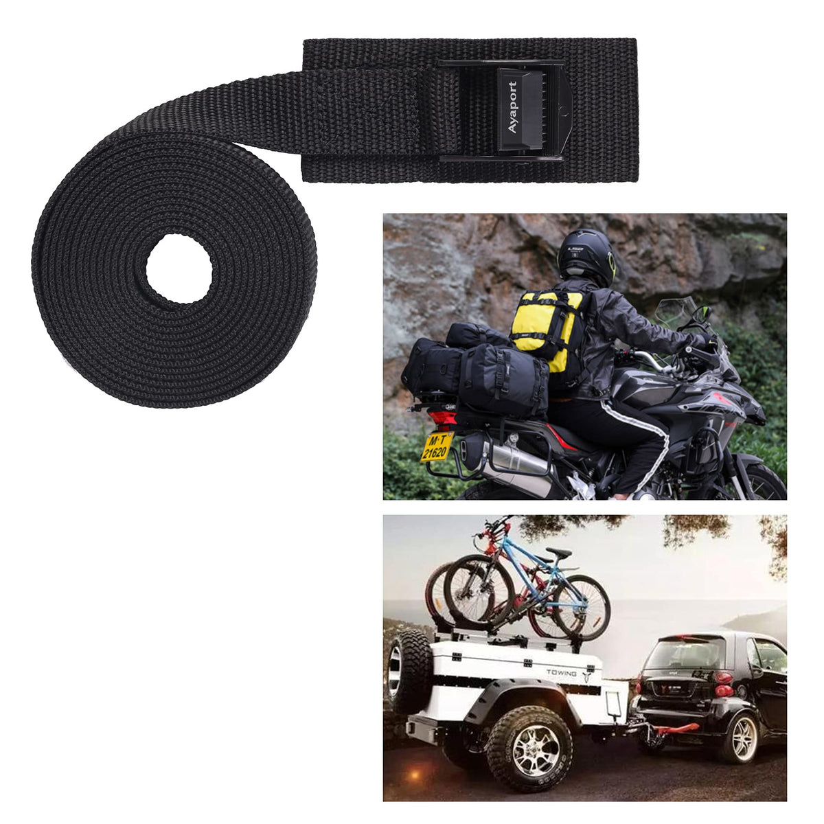 Ayaport black cam buckle strap highlights durable stitching and reliable performance.