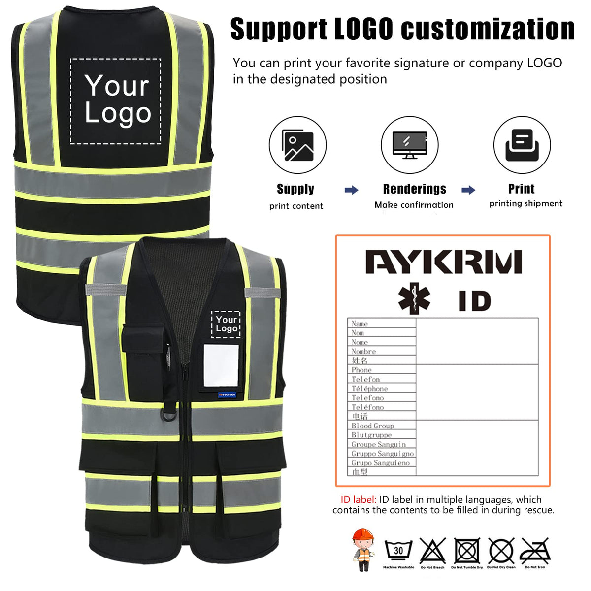 AYKRM safety vest side view showing reflective tapes for enhanced brightness