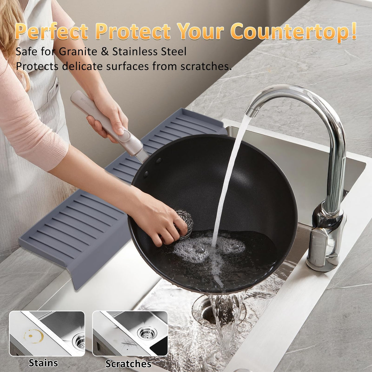 AyNirser silicone splash guard tilts 5 degrees to direct water back to the sink
