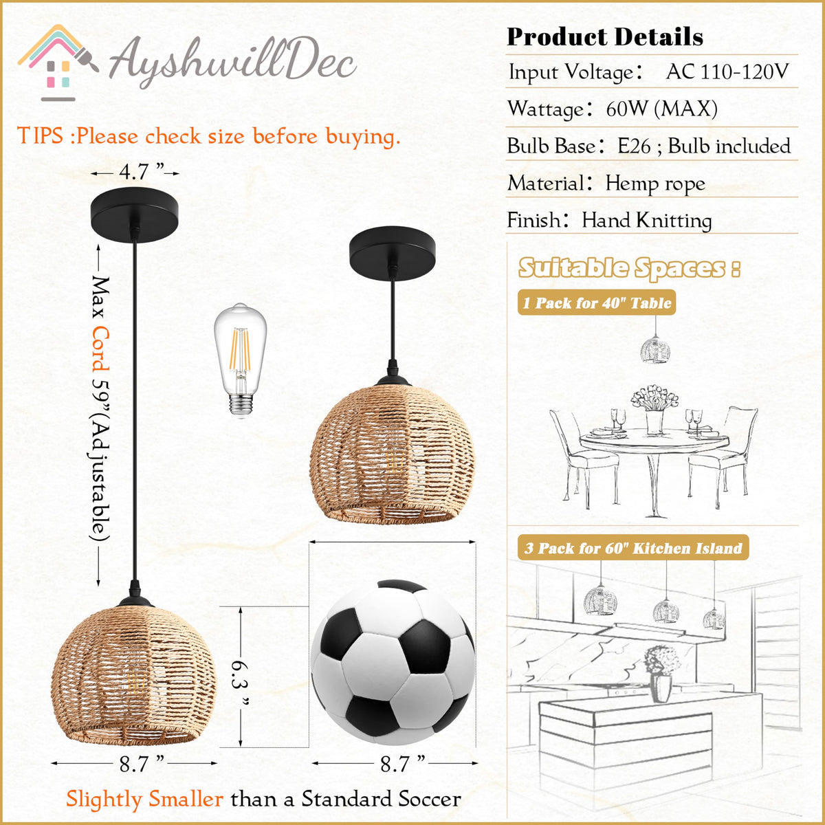 AyshwillDec wicker pendant light kitchen island lighting with adjustable cord length