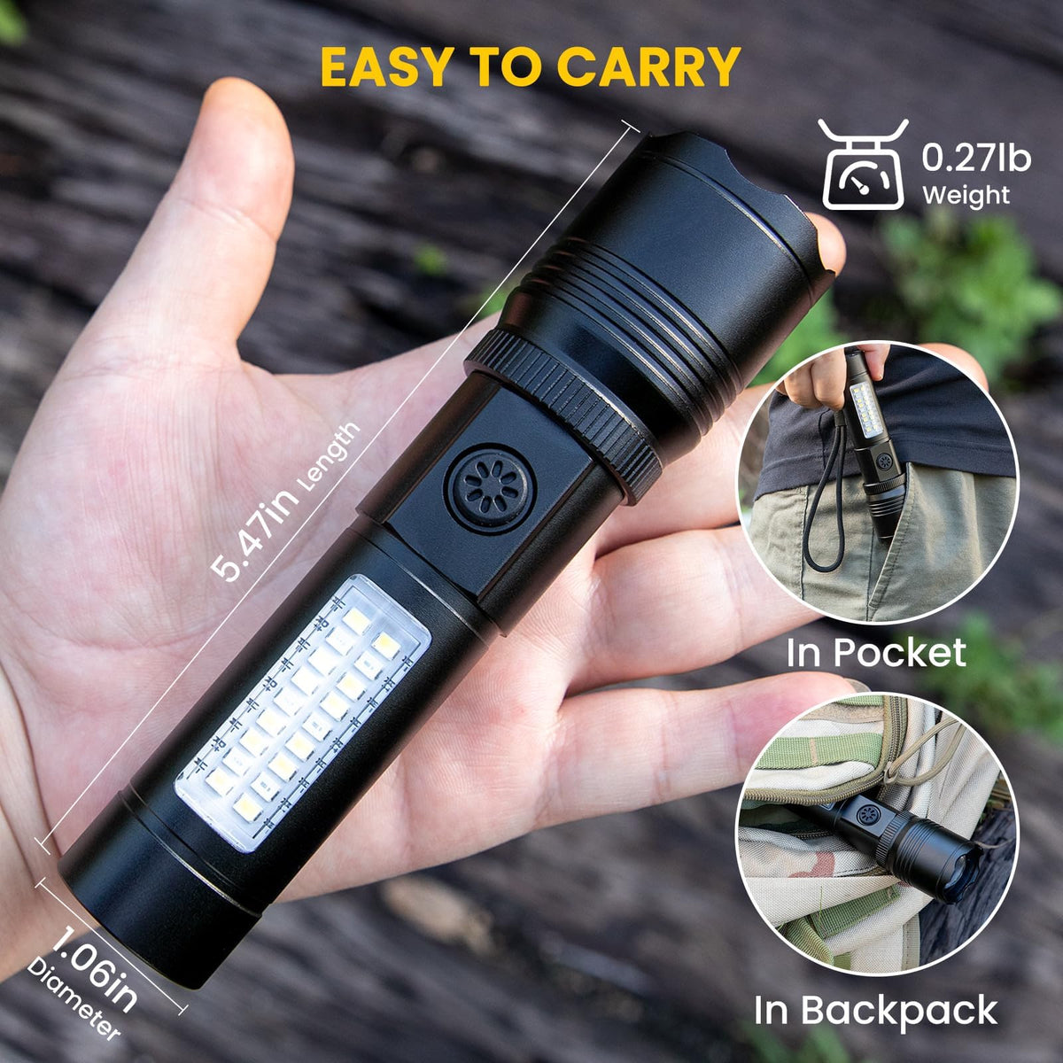 Azamine P19-COB flashlight waterproof seal protects lighting in rain or splashes.