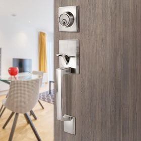 Exterior door lock installation kit with all needed hardware.