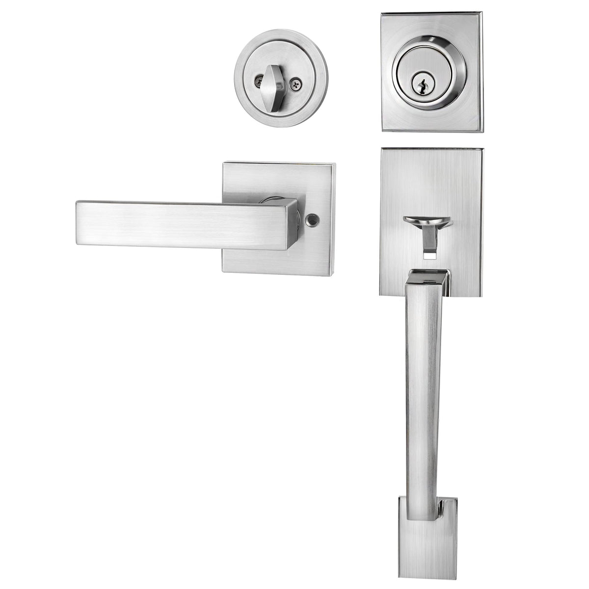 Azdele front door handle and deadbolt set in satin nickel for durable exterior security.