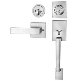 Azdele front door handle and deadbolt set in satin nickel for durable exterior security.