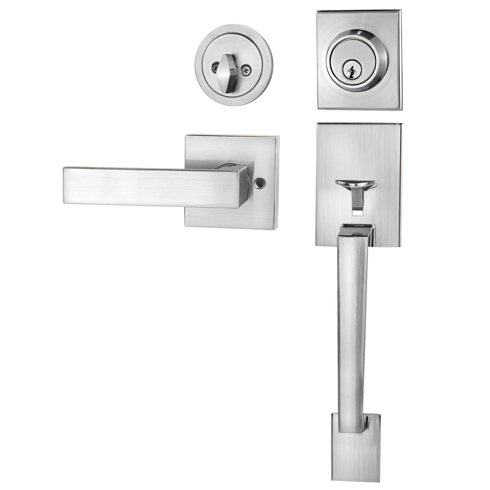 Azdele front door handle and deadbolt set in satin nickel for durable exterior security.