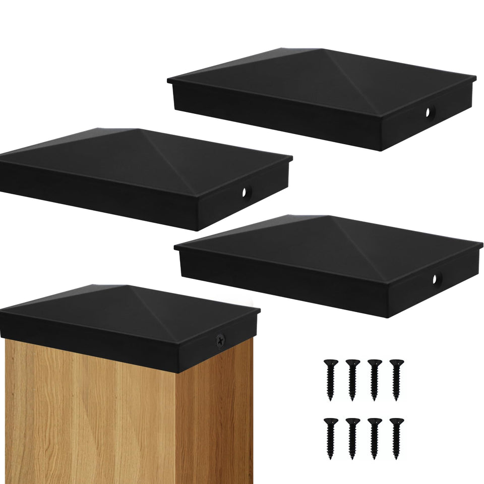 Azdele 4x6 pyramid post cap in matte black protects wood posts from weather.