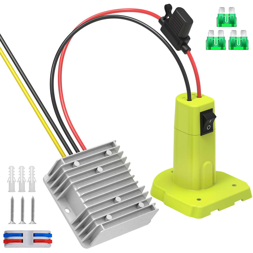 Azocek 18V to 12V step-down converter with Ryobi adapter powering 12V devices safely