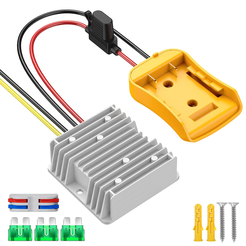 Azocek 20V to 12V converter front view, compact power solution for DeWalt batteries.