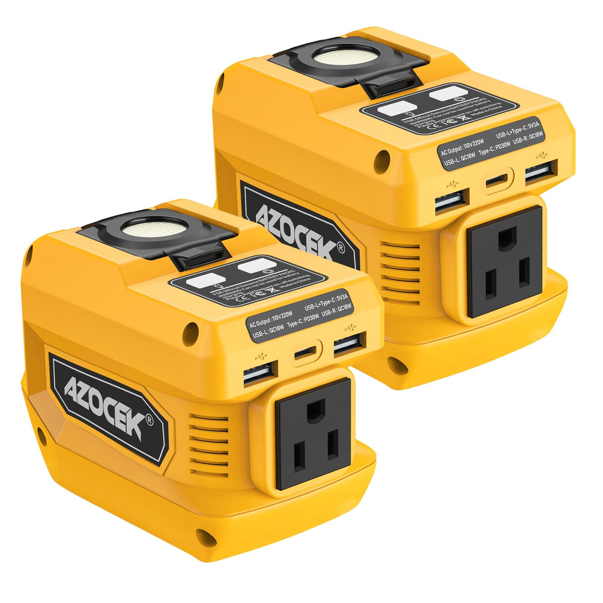 Azocek 220W inverter compatible with Dewalt 20V batteries for portable power.