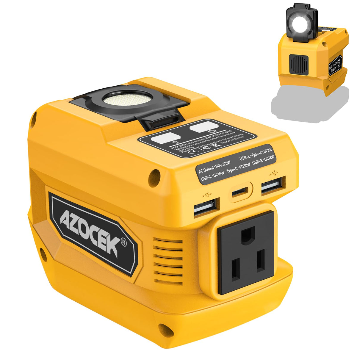 Azocek 220W inverter with DeWalt battery connection powering devices on the go