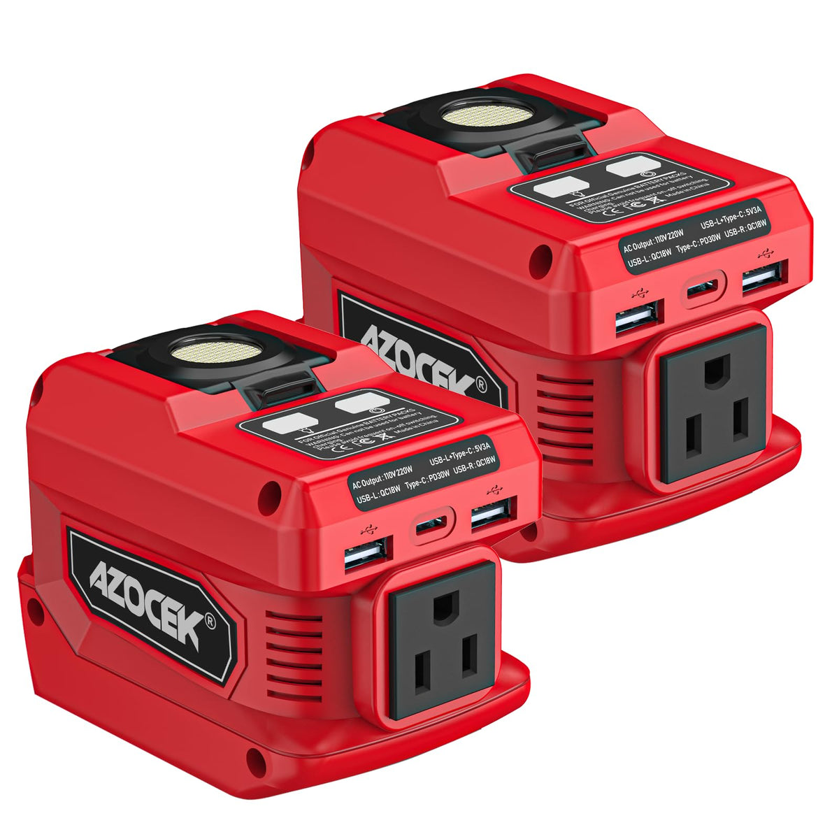 Azocek 220W inverter connects to Milwaukee battery for portable charging