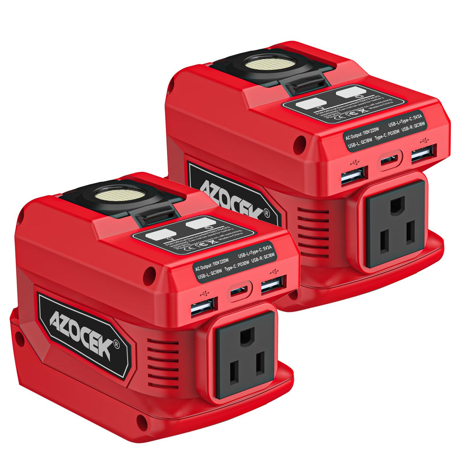 Azocek 220W inverter connects to Milwaukee battery for portable charging