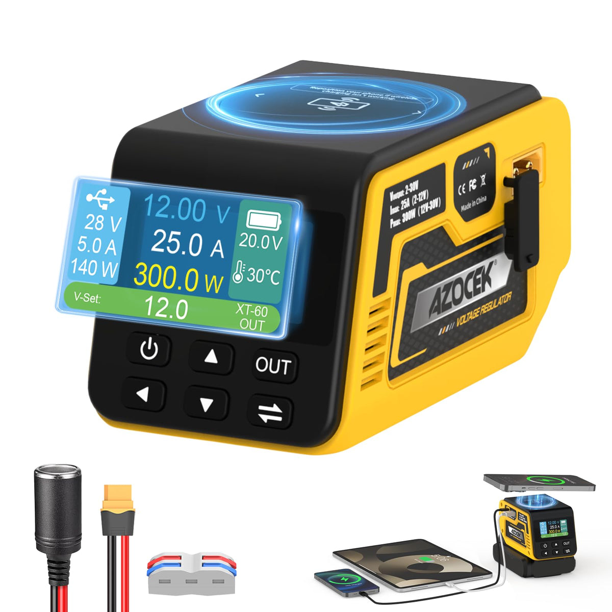 Azocek 300W regulator with LCD display showing real-time readouts for voltage and current
