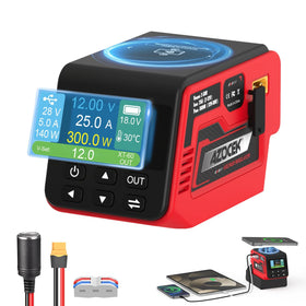 Azocek 300W regulator attached to Milwaukee 18V battery for portable power.