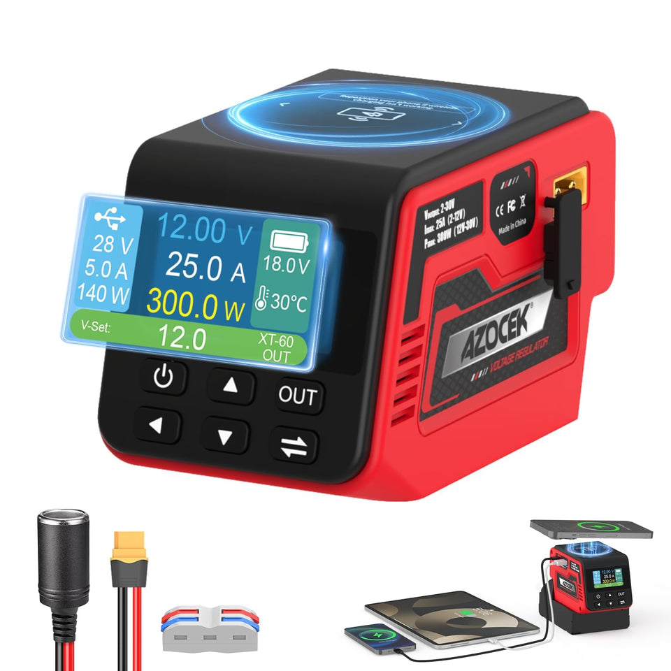 Azocek 300W regulator attached to Milwaukee 18V battery for portable power.