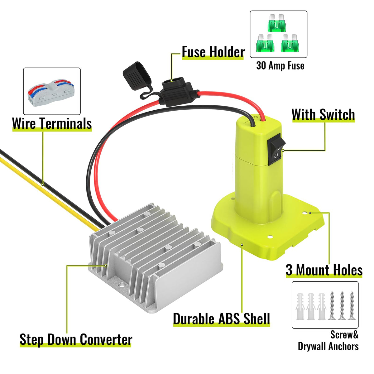 Azocek battery adapter switch and fuse enables easy control and protection