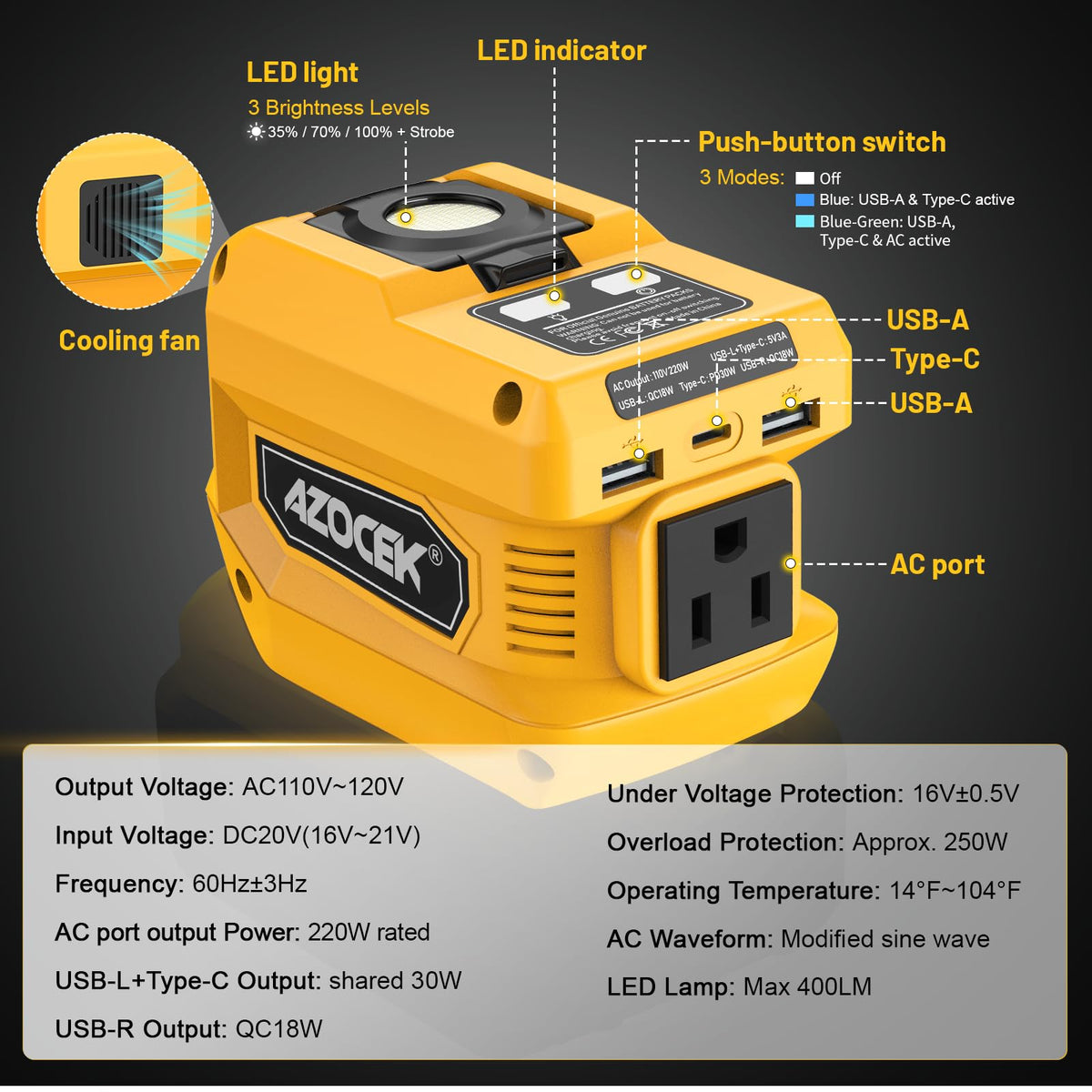 Azocek DC to AC conversion delivers 110-120V, enabling device charging.