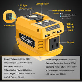 Azocek DC to AC conversion delivers 110-120V, enabling device charging.