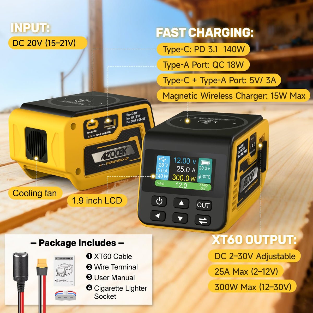 Azocek regulator compatibility with Dewalt 20V batteries for portable field power