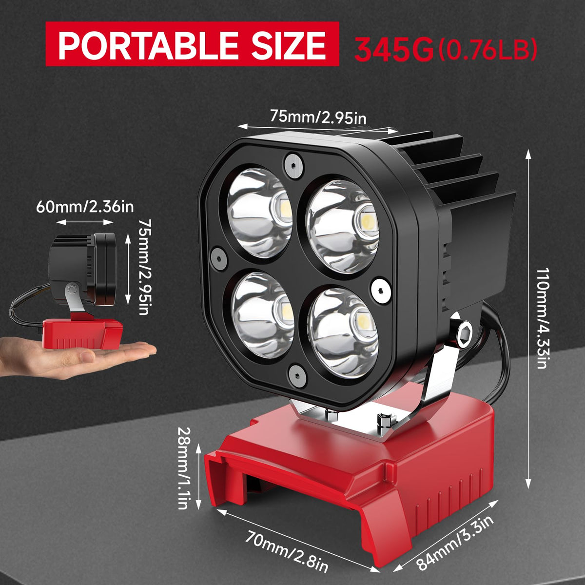 Azocek LED work light showing battery not included for Milwaukee 18V compatibility.