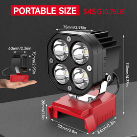 Azocek LED work light showing battery not included for Milwaukee 18V compatibility.