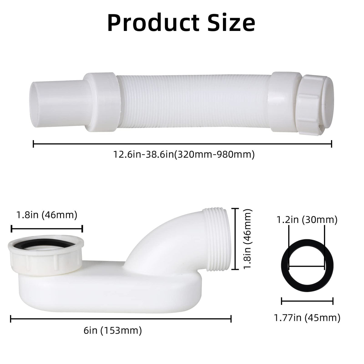 Azucyzi low-profile P-trap with 1-1/2 inch nut for easy connections
